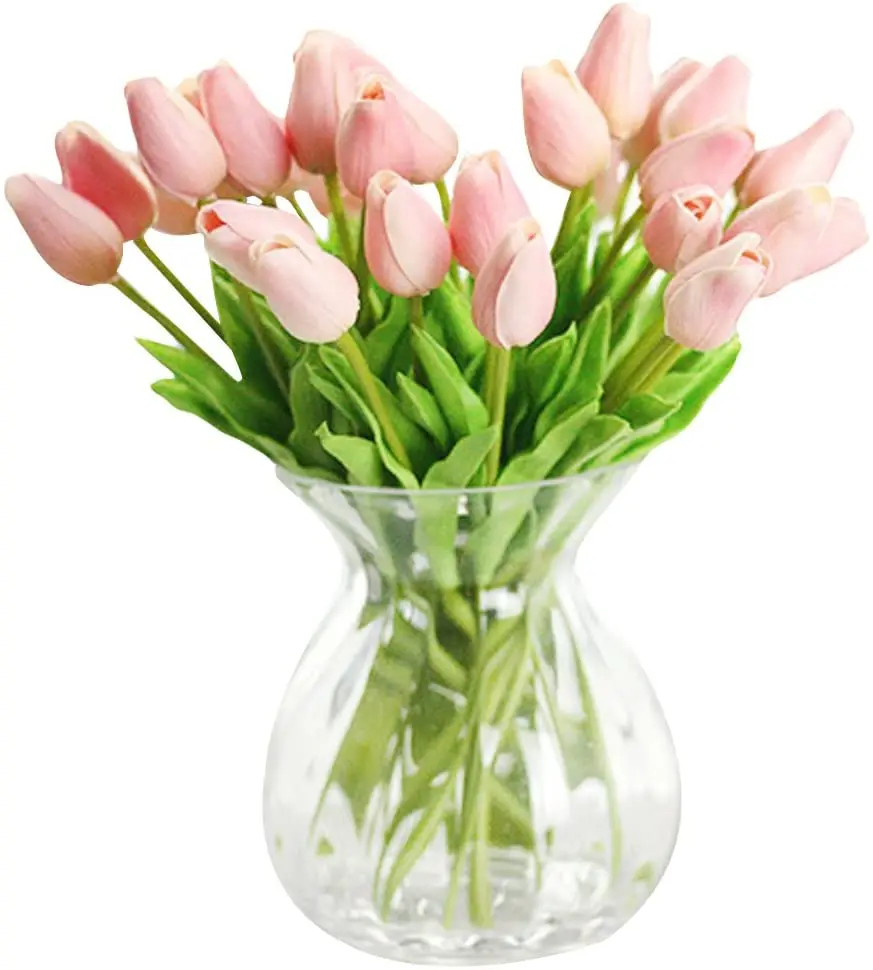 Pink tulips in clear vase