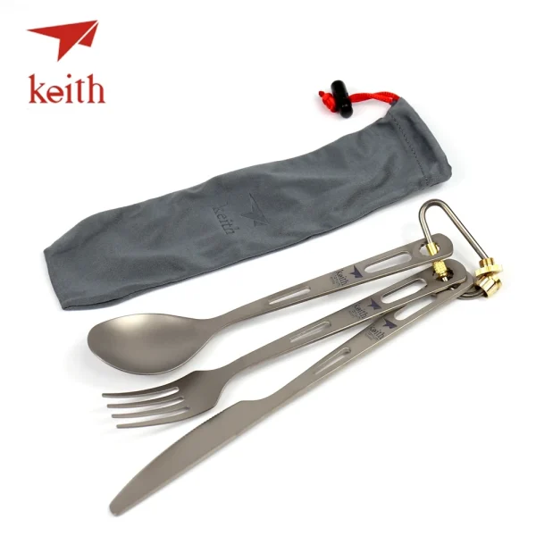 Titanium cutlery set with carrying pouch