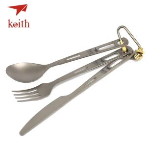 Titanium camping cutlery set with spoon, fork, knife.