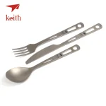 Titanium cutlery set with fork, knife, spoon.