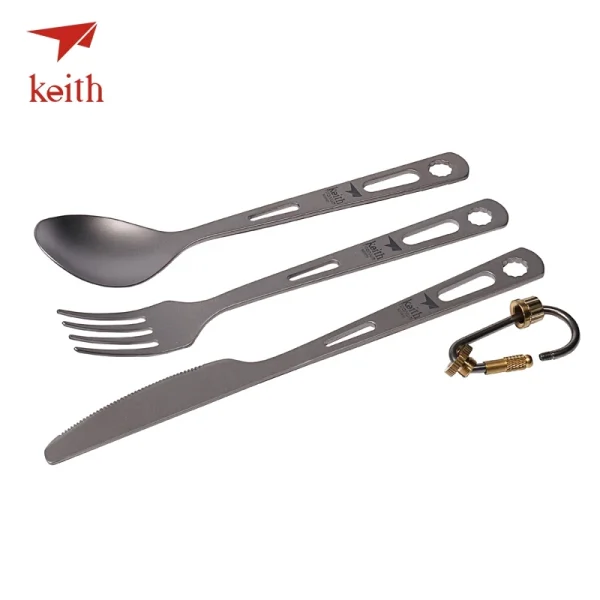 Lightweight titanium cutlery set with carabiner attachment.