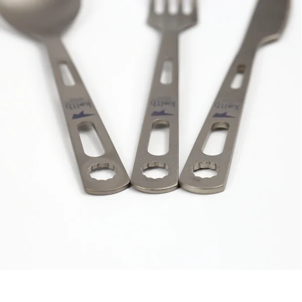 Titanium camping cutlery set: spoon, fork, knife.