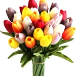 Colorful tulip bouquet with red, yellow, white blooms.