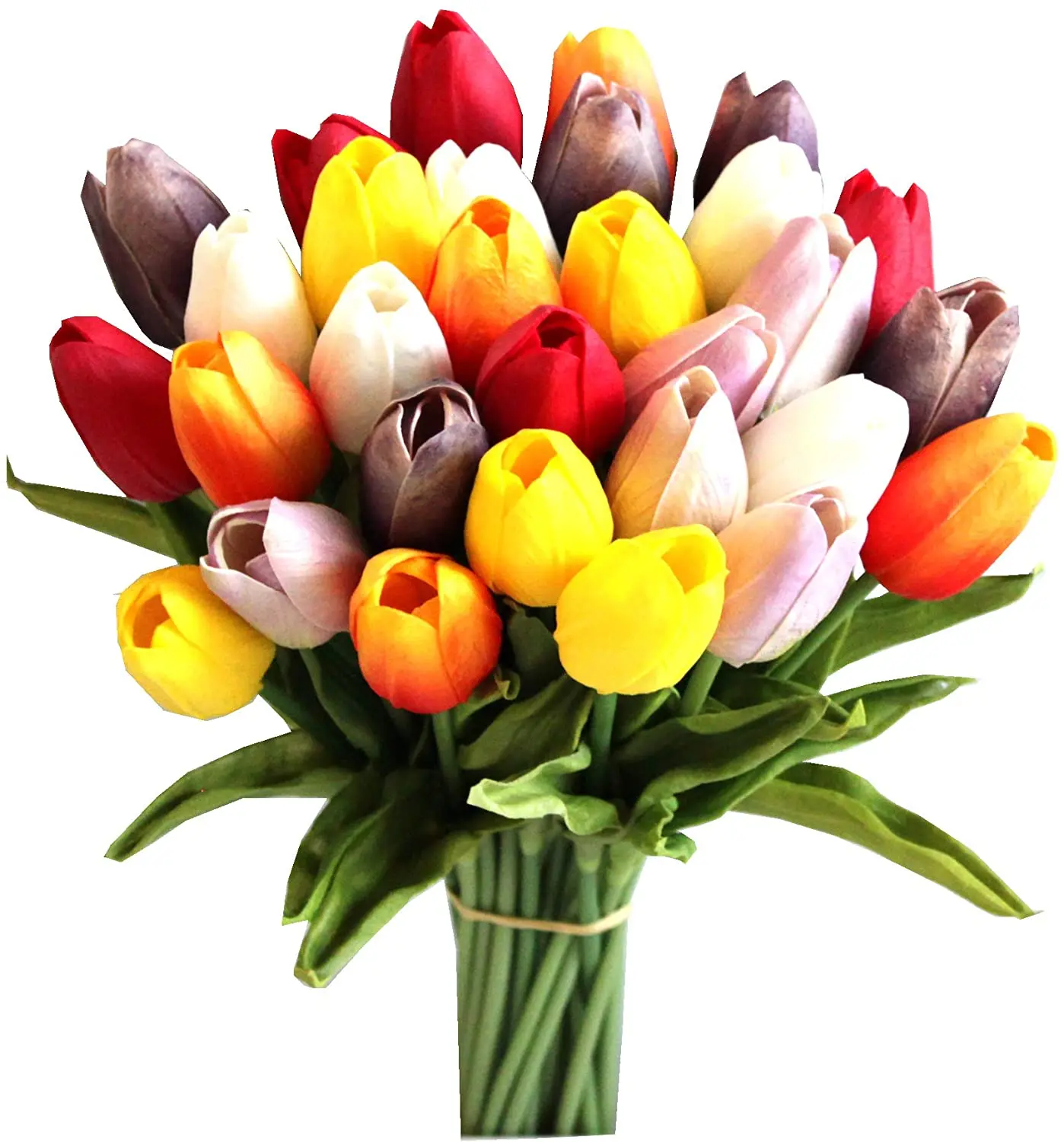 Colorful tulip bouquet with red, yellow, white blooms.