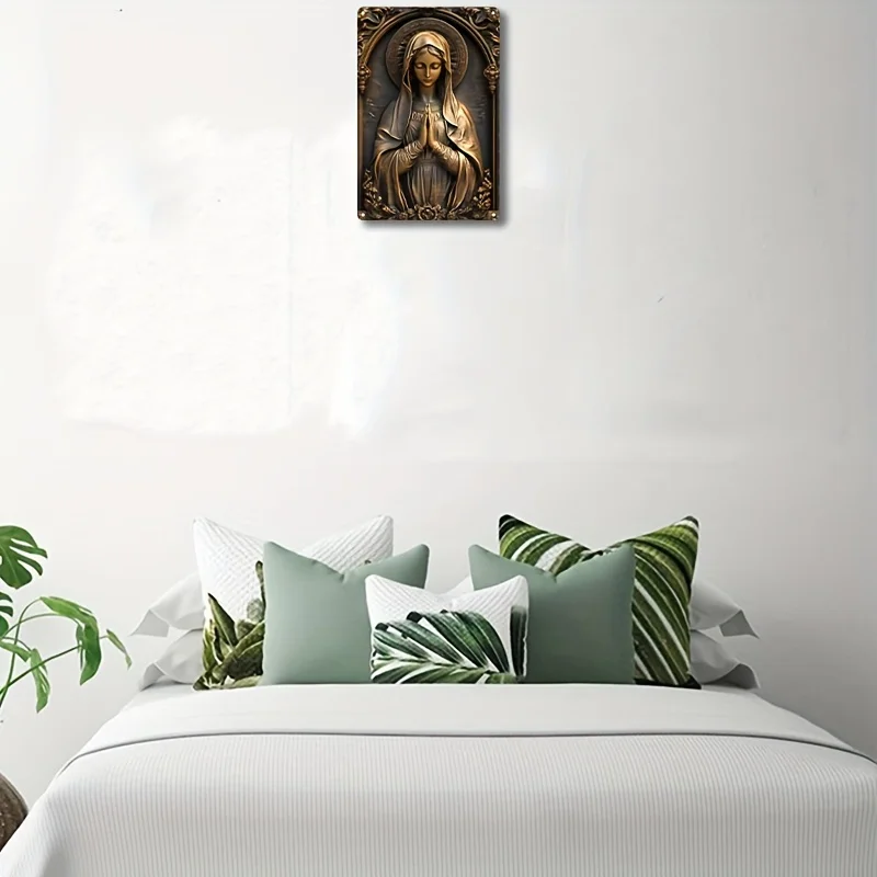 Bedroom decor with wall art and cushioned pillows.