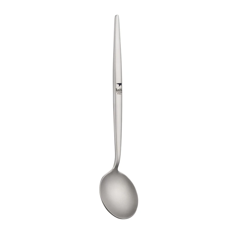 Stainless steel spoon with ergonomic handle.
