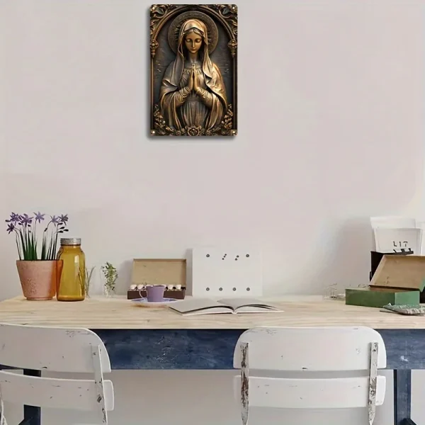 Wall art above a simple wooden desk setup.