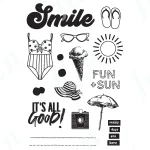 Summer icons: swimsuit, ice cream, sunglasses, beach theme.