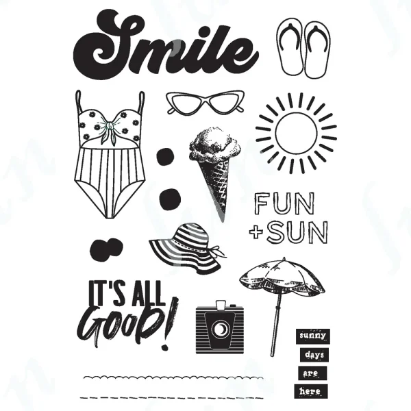Summer icons: swimsuit, ice cream, sunglasses, beach theme.