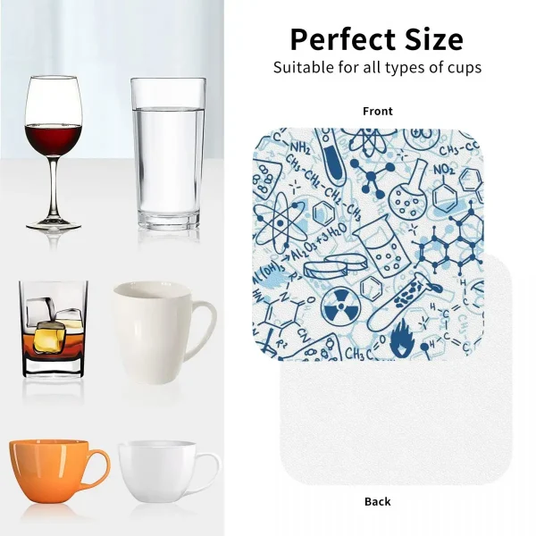Coasters with scientific graphics for various cups.