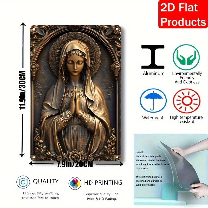 Bronze religious art on aluminum, size specifications shown.