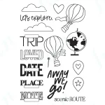 Travel icons and phrases with hot air balloon.