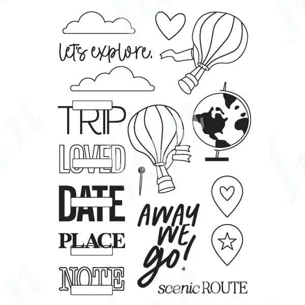 Travel icons and phrases with hot air balloon.