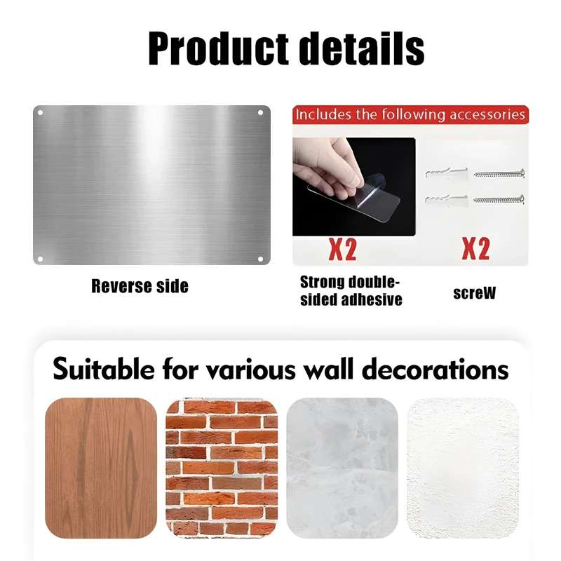 Metal sign with adhesive and screws for wall decor.