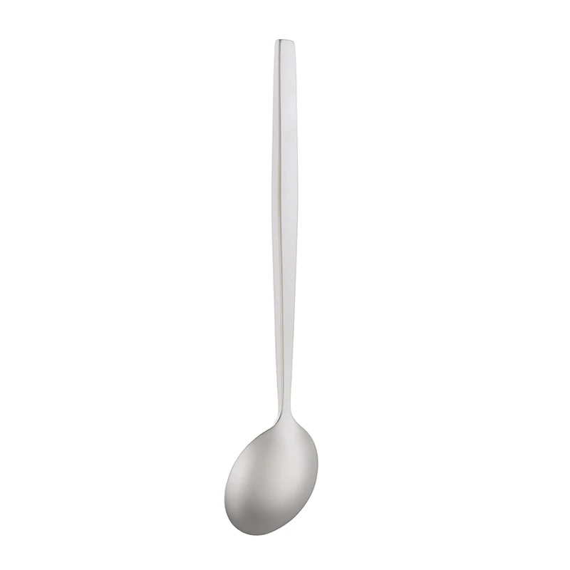Stainless steel serving spoon on white background.